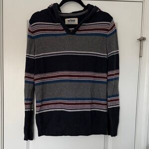 Urban Pipeline Striped, Hooded V-Neck Sweater - Gray, Blue, and Red